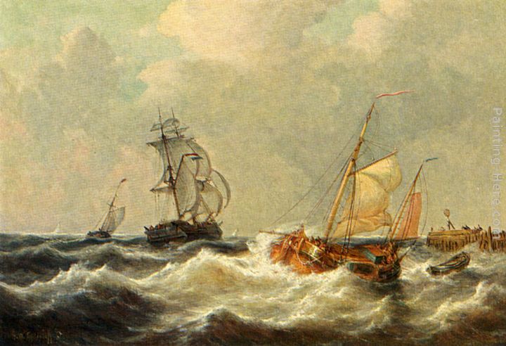 Sailing Vessels In Choppy Waters painting - George Willem Opdenhoff Sailing Vessels In Choppy Waters art painting
